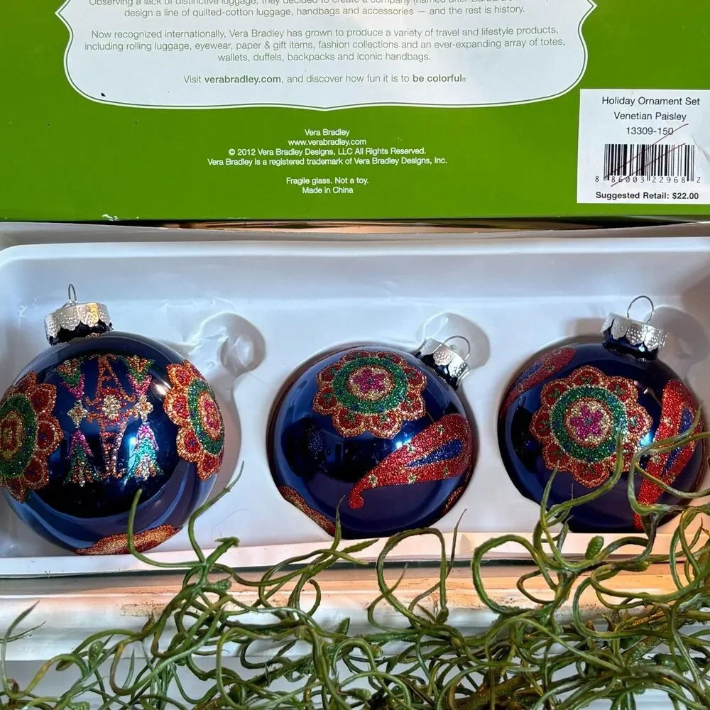 Set Boho Vera Bradley Glass Ball Ornaments Pink Eclectic Blue Pink Paisley 2012